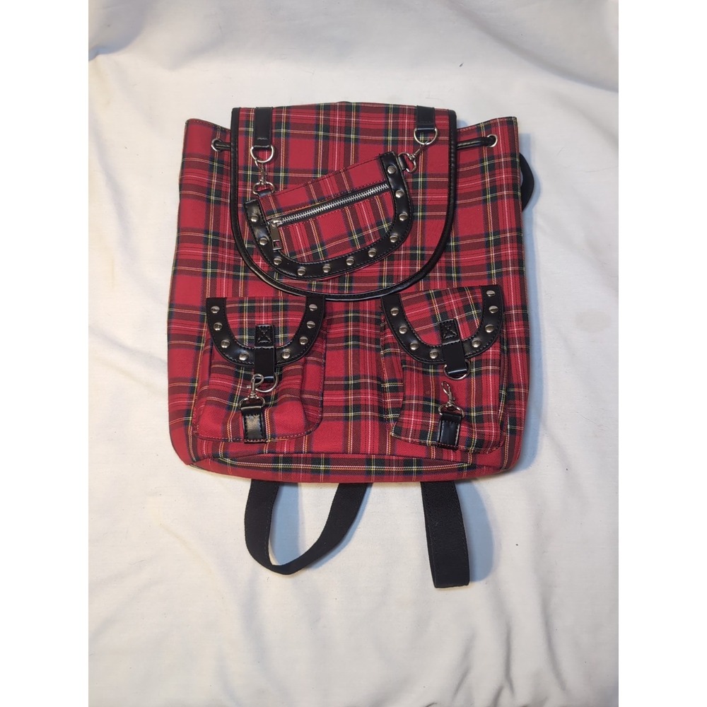 Banned Alternative Tartan Backpack Red Plaid Studded Skull Punk Goth Bag